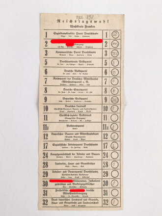 Wahlzettel Reichstagswahl - Wahlkreis Franken