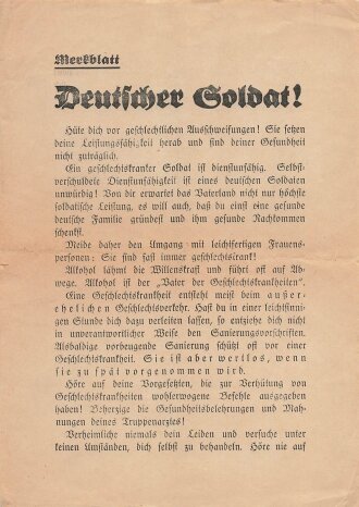 Wehrmacht, Merkblatt über Geschlechtskrankheiten - Prävention und Behandlung, A5