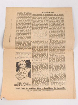 Wahlzeitung der KP, Unser Tag - Volkszeitung für Baden- Württemberg,  "Landtagswahl und Volksentscheid am 18. Mai", datiert 7. Mai 1947