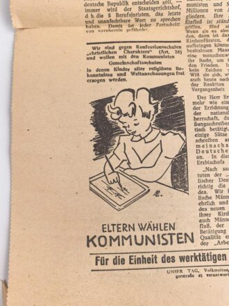 Wahlzeitung der KP, Unser Tag - Volkszeitung für Baden- Württemberg,  "Landtagswahl und Volksentscheid am 18. Mai", datiert 7. Mai 1947
