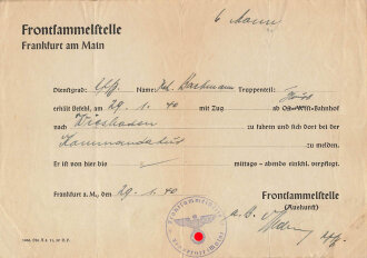 Frontsammelstelle Frankfurt am Main, Befehl über eine Zugfahrt nach Wiesbaden und Meldung bei der Kommandantur, datiert 1940, A5