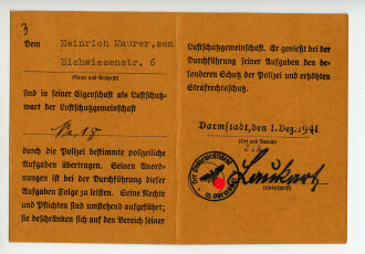 Ausweis für Luftschutzwarte, Darmstadt, datiert 1941