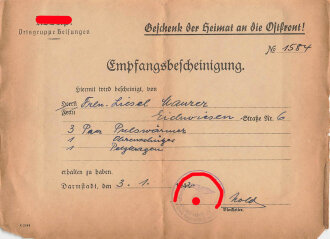 NSDAP Ortsgruppe Belsungen, Empfangsbescheinigung "Geschenk der Heimat an die Ostfront", datiert 1942, A5