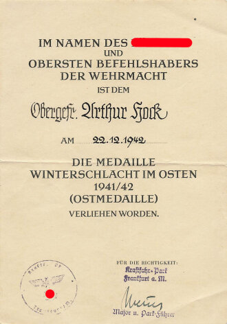 Verleihungs Urkunde zur Medaille "Winterschlacht im...