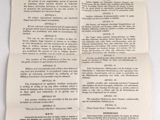 Kontrollrat - Verordnung: "Gesetz Nr. 8, Ausschaltung und Verbot der militärischen Ausbildung", datiert 1945, Maße 42 x 65 cm