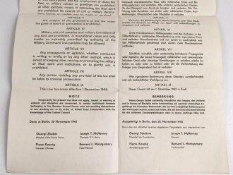 Kontrollrat - Verordnung: "Gesetz Nr. 8, Ausschaltung und Verbot der militärischen Ausbildung", datiert 1945, Maße 42 x 65 cm