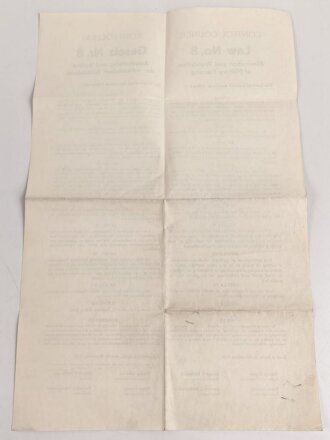 Kontrollrat - Verordnung: "Gesetz Nr. 8, Ausschaltung und Verbot der militärischen Ausbildung", datiert 1945, Maße 42 x 65 cm