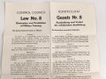 Kontrollrat - Verordnung: "Gesetz Nr. 8, Ausschaltung und Verbot der militärischen Ausbildung", datiert 1945, Maße 42 x 65 cm
