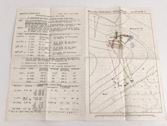 Karte und Anschreiben Versuchs-Schiessen östlich Mercy im Vorgelände der Feste von Goltz, Minenwerfer Bataillon 2, datiert 1916 mit handgeschriebenem Bericht auf der Rückseite, A3