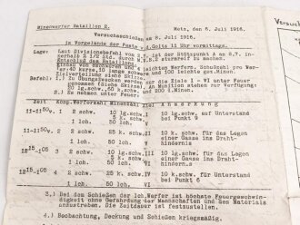 Karte und Anschreiben Versuchs-Schiessen östlich Mercy im Vorgelände der Feste von Goltz, Minenwerfer Bataillon 2, datiert 1916 mit handgeschriebenem Bericht auf der Rückseite, A3