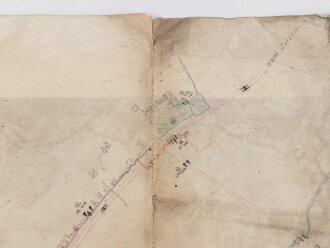 1. Weltkrieg, Handgezeichnete Landkarte bei Bois de Ville, Maße 36 x 49 cm, eingerissen, auf der Rückseite ein Teil einer gedruckten Landkarte am selben Ort