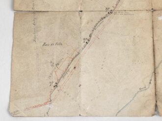 1. Weltkrieg, Handgezeichnete Landkarte bei Bois de Ville, Maße 36 x 49 cm, eingerissen, auf der Rückseite ein Teil einer gedruckten Landkarte am selben Ort