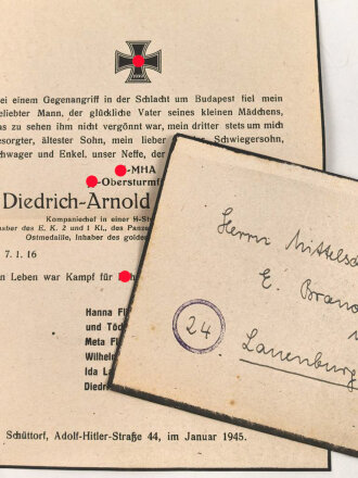 Todesanzeige eines Kompaniechef in einer SS-Sturmgeschützabteilung, gefallen 1944 in der Schlacht um Budapest, im Briefumschlag