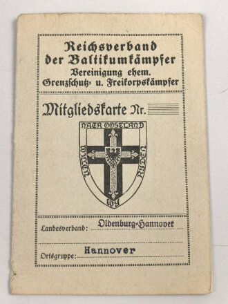 Reichsverband der Baltikumkämpfer "Mitgliedskarte" eines Freikorpskämpfers aus Hannover, Bild fehlt