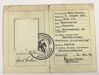 Reichsverband der Baltikumkämpfer "Mitgliedskarte" eines Freikorpskämpfers aus Hannover, Bild fehlt