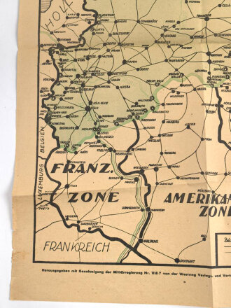 "Übersichtskarte über die Zonenabgrenzung nebst Übergangsbahnhöfen, datiert 20.11.1945, Maße: 63 x 45 cm, gefaltet