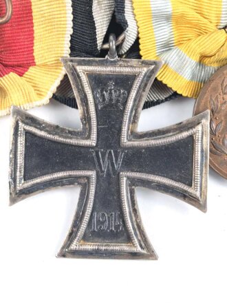 Baden / Sachsen. Ordenspange eines tapferen Kämpfers im 1. Weltkrieg, Silberne Verdienstmedaille, Eisernes Kreuz 2. Klasse 1914, Friedrich August Medaille in bronze