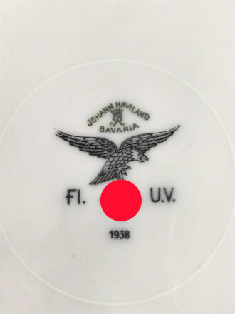 Luftwaffe, Kantinenporzellan flacher Teller, datiert 1938, Hersteller Johann Haviland Bavaria, Durchmesser 23cm, gebraucht