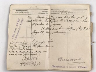 1. Weltkrieg, Militärpaß eines Angehörigen zunächst Infanterie Regiment 88, Krankerträgerausbildung, Pistole 08, ab 1914 Frankreichfeldzug, diverse Einsätze in Verdun