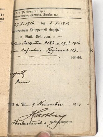 1. Weltkrieg, Militärpaß eines Angehörigen zunächst Feldartillerie Regiment 27. Frankreichfeldzug