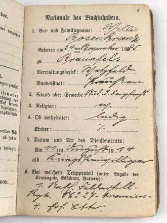 1. Weltkrieg, Militärpaß eines Angehörigen zunächst Feldartillerie Regiment 27. Frankreichfeldzug