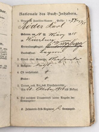 1. Weltkrieg, Militärpaß eines Angehörigen Landsturm Infanterie Batl. Wahn.