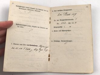 1. Weltkrieg, Militärpaß eines Angehörigen Ersatz Btl. Infanterie Regiment 117. Flandern, Champagne, Argonnen, Hessische Tapferkeitsmedaille, Eisernes Kreuz II. Klasse