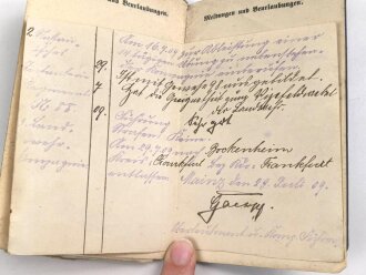 1. Weltkrieg, Militärpaß eines einjährig Freiwilligen im hessischen Infanterie Regiment 81. Eingetragene Landwehr Dienstauszeichnung II. Klasse. Während des 1. Weltkrieg zum immobilen Kraftwagen depot nach Frankfurt / Main versetzt.