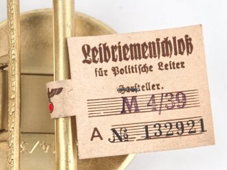 Leibriemenschloss für politische Leiter der NSDAP. Ungetragenes Leichtmetallstück mit RZM Etikett. Hersteller M4/39