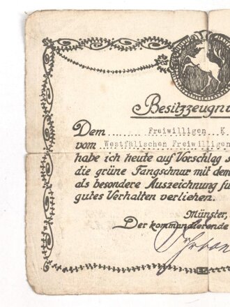 Westfälisches Freiwilligen Korps Lichtschlag, grüne Fangschnur mit dem westfälischen Pferd als besondere Auszeichnung. Guter Zustand, dazu das Besitzzeugnis sowie ein REPRO Foto