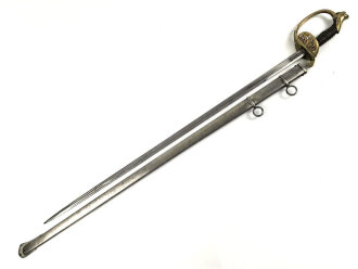 Sachsen, Degen für Offiziere Modell 1867. Klinge " garantiert Eisenhauer" sowie geätztes Monogramm "AR unter Krone" (König Albert 1873 - 1902). Guter Gesamtzustand