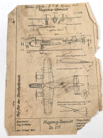 Luftwaffe Do 217, elfseitige Unterlagen der Fliegertechnischen Schule 1 vom September 1941. DIN A4