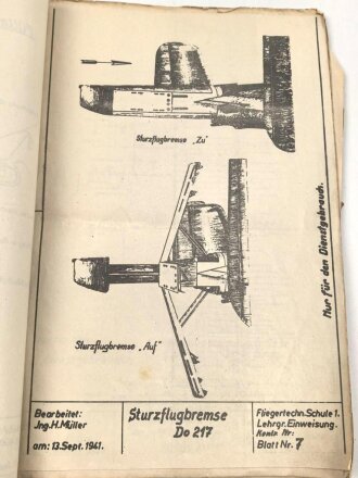Luftwaffe Do 217, elfseitige Unterlagen der Fliegertechnischen Schule 1 vom September 1941. DIN A4