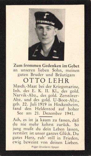 U-Boot Waffe, Heldentod Gedenkkärtchen für einen U-Boot Fahrer, Heldentod auf hoher See am 21.Dezember 1941