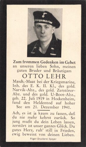 U-Boot Waffe, Heldentod Gedenkkärtchen für...