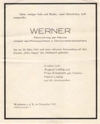 Kreuzer Prinz Eugen, Heldentod Gedenkkarte 15 x 19cm...