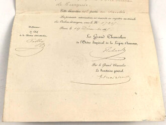 Frankreich Ehrenlegion, Verleihungsurkunde für Henry Cillos, Generalkonsul in Bukarest, der Auszeichnung der 3.Klasse des Medjidie Ordens vom Sultan der Türkei zu tragen. Ausgestellt am 19.12. 1865.