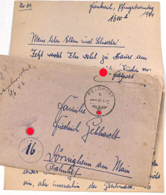 Waffen SS Feldpostbrief eines Angehörigen Feldpostnummer  59425 ( 12.SS Panzerdivision Hitlerjugend ), datiert am 30.5.44