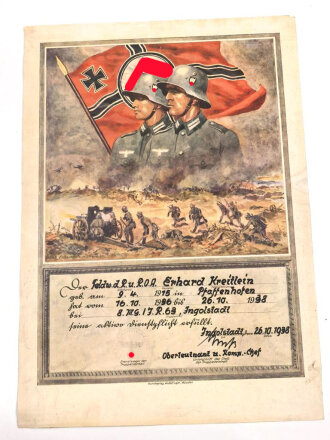 Farbige Dienstzeiturkunde für einen Feldwebel der...