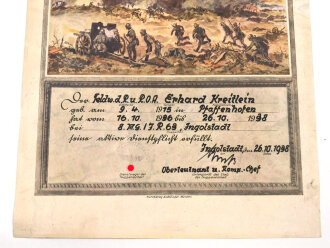 Farbige Dienstzeiturkunde für einen Feldwebel der Reserve im Infanterie Regiment 63 Ingolstadt. Maße etwa 28 x 40cm