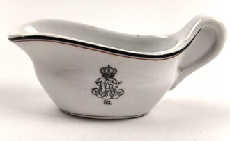Kaiserreich, Feld Artillerie Regiment 53 Kantinenporzellan, kleine Sauciere, Gesamtlänge 13cm, Franz Kreski Bramberg, datiert 1914, gebraucht