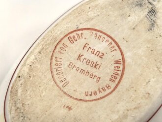 Kaiserreich, Feld Artillerie Regiment 53 Kantinenporzellan, kleine Sauciere, Gesamtlänge 13cm, Franz Kreski Bramberg, datiert 1914, gebraucht
