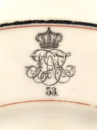 Kaiserreich, Feld Artillerie Regiment 53 Kantinenporzellan, Flacher Teller, Durchmesser 24cm, Hersteller A.Menard Bromberg, gebraucht