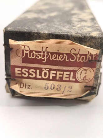 Kantinenlöffel  Modell des Amtes Schönheit der Arbeit, Hakenkreuz im Zahnrad, Edelstahl magnetisch, Gesamtlänge ca. 21 cm, Sie erhalten einen (1) Löffel aus der originalen Verpackung
