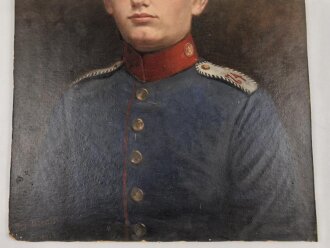 Preussen, handgemaltes Ölbild einen einjährig Freiwilligen im Hannoveranischen Infanterie Regiment 74 darstellend. Maße etwa 47 x 59cm.