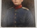 Preussen, handgemaltes Ölbild einen einjährig Freiwilligen im Hannoveranischen Infanterie Regiment 74 darstellend. Maße etwa 47 x 59cm.