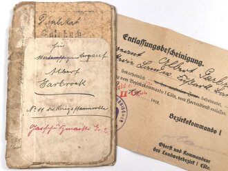 1. Weltkrieg, Soldbuch Duplikat und Entlassungsschein eines Angehörigen im Landwehr Fußartillerie  Battl. 51.