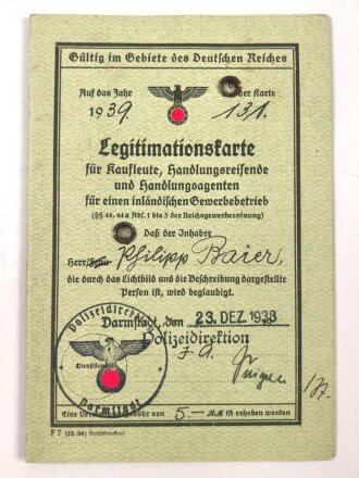 "Legitimationskarte für Kaufleute, Handlungsreisende und Handlungsagenten" der Polizeidirektion datiert 1938