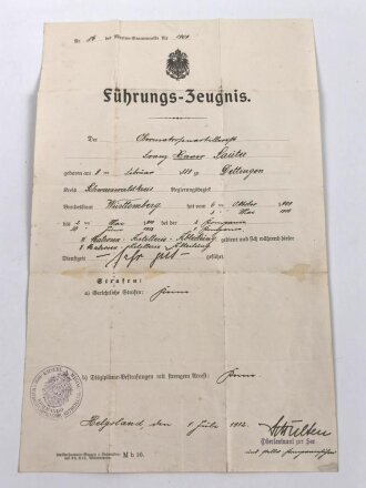 Kaiserliche Marine, Militärpaß eines Angehörigen in einer Matrosen Artillerie Abteilung Helgoland, dazu sein Führungszeugnis von 1912