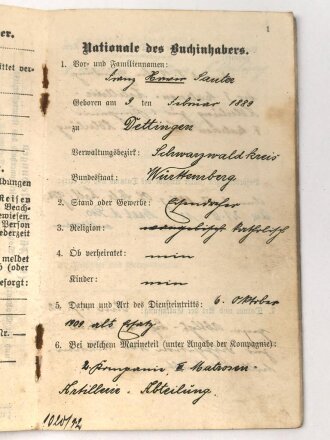 Kaiserliche Marine, Militärpaß eines Angehörigen in einer Matrosen Artillerie Abteilung Helgoland, dazu sein Führungszeugnis von 1912